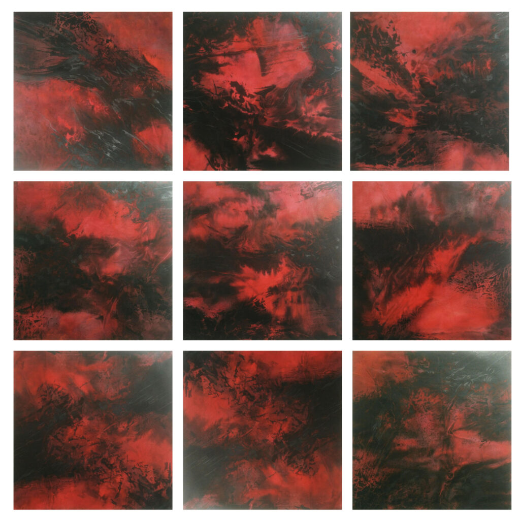 9 méditations sur l’Univers. 9 carrés de 45 x 45 cm Encre de Chine et pigments sur papier de Chine marouflé, encollé sur dibon